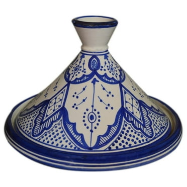 Moroccan Handmade Serving Tagine Exquisite Ceramic With colors Original 10 Inches in Diameter Fes White & Blue