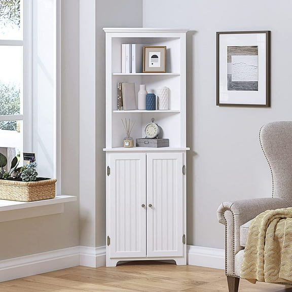 UTEX Tall Corner Cabinet, Free Standing Corner Storage Cabinet with Doors and Adjustable Shelves 23"W White