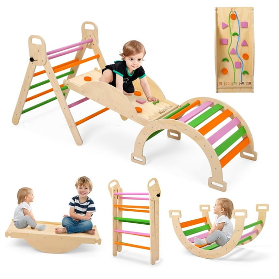 Children's climbing frame Set , Colorful Montessori Large Climbing Toys for Toddlers 1-6 Inside with Ramp, Arch and Foldable Triangle, Wooden Child Indoor Playground