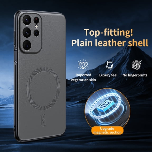 ELEHOLD Magnetic PU Leather Case Cover For Samsung Galaxy S24 Ultra, Shockproof Slim Leather Non-Slip Lightweight PC TPU Protective Case with Qi Wireless Charging Support,Gray
