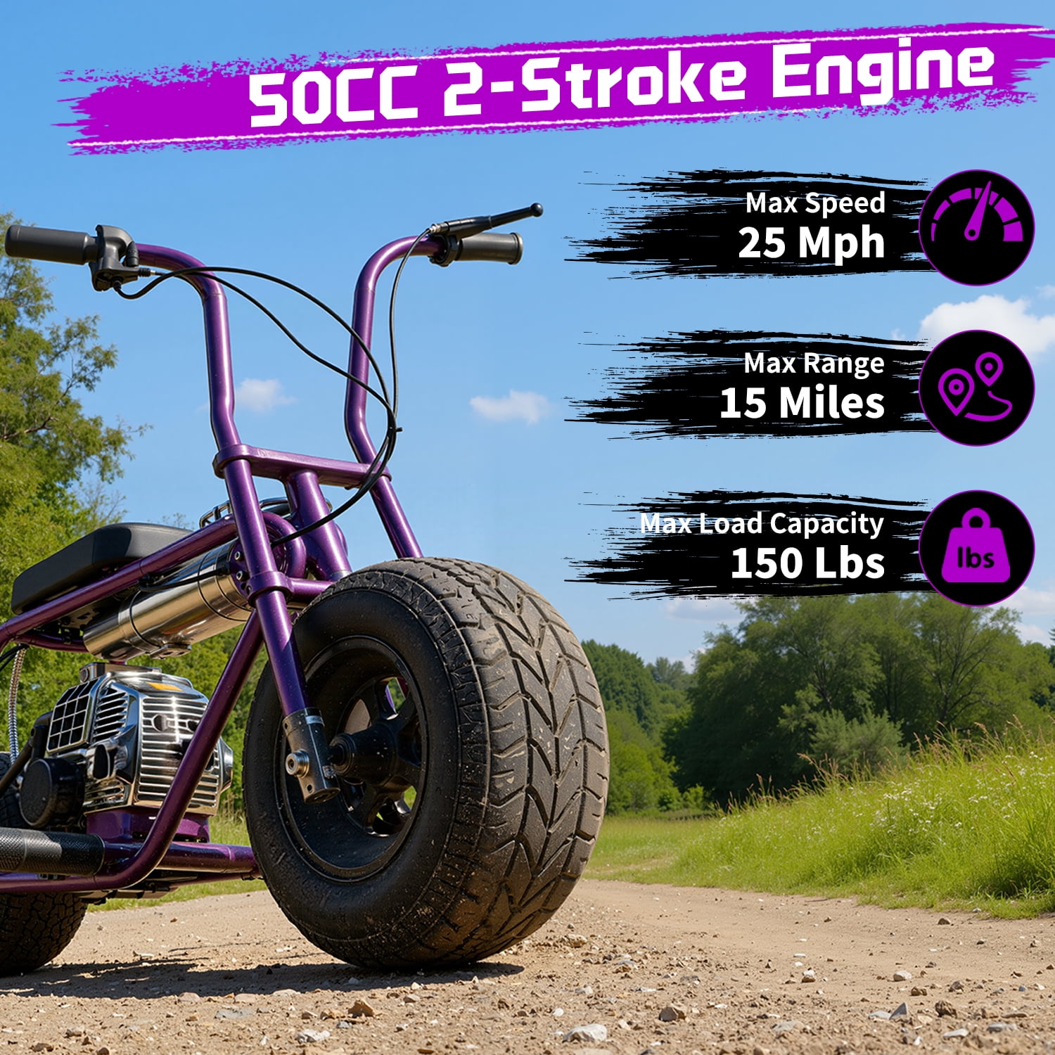 TOXOZERS 50cc Mini Bike, Gas-Powered Mini Dirt Bike with Extra-Wide Seat,Perfect Gift for Kids 8+,25 MPH & 150 LBS Capacity,Purple