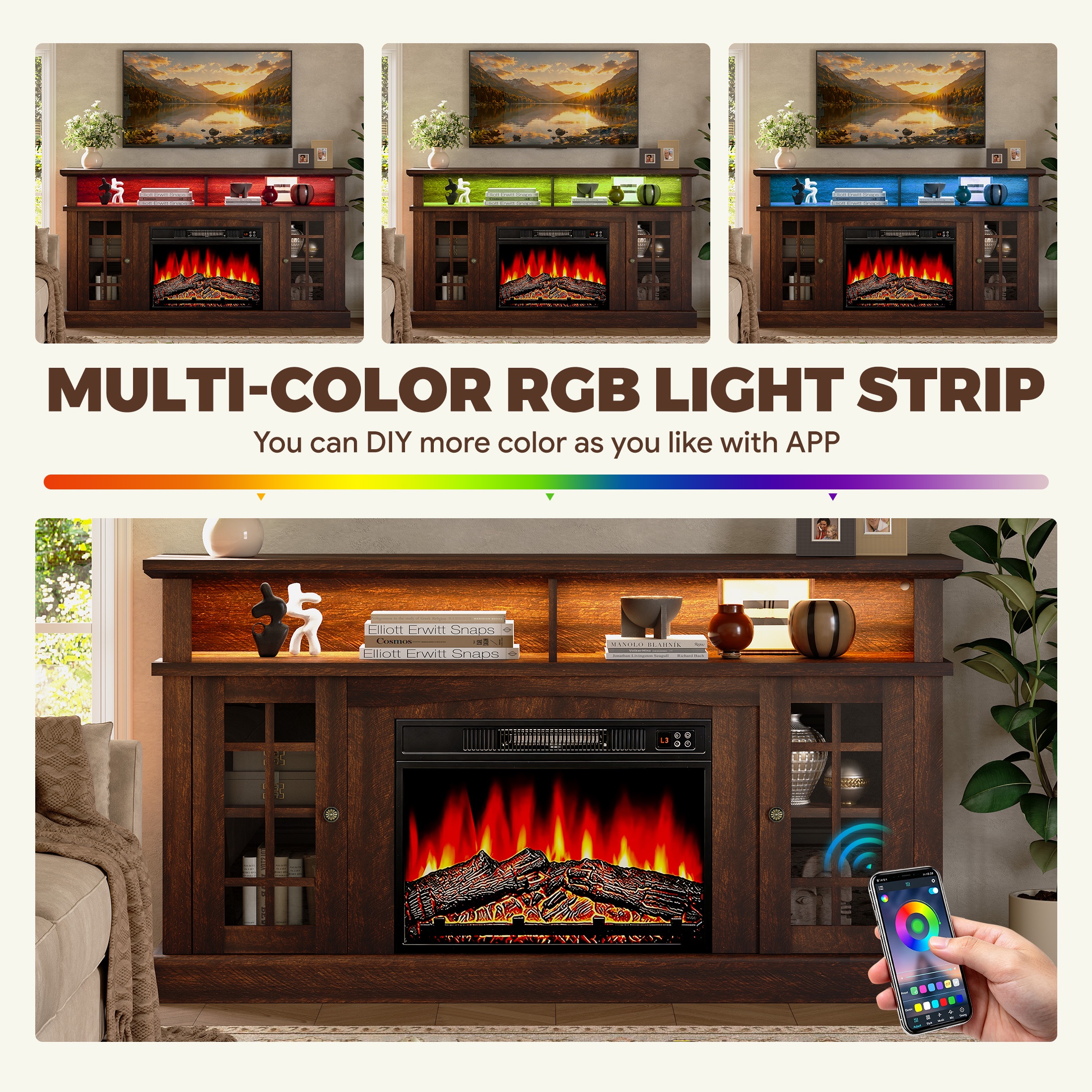 Sesslife Fireplace TV Stand for 65", Brown Farmhouse photo 4