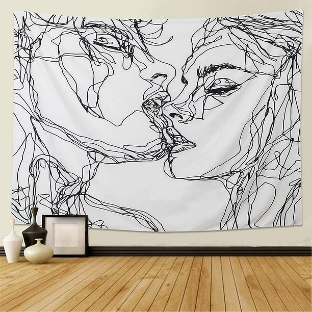 Mujeres/hombres boceto abstracto arte beso amantes tapiz/tapiz de besos colgante de pared tapiz de arte lineal en blanco y negro, tiro de playa