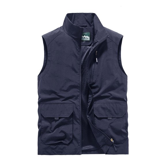 IYTR Mens Cargo Vest Sleeveless Jacket Zipper Stand-up Collar Coat Relaxed Outdoor Sport Vest Jacket with Pocket Solid Color Blue XXXXL