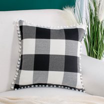PiccoCasa 18"x18" Decorative Throw Pillowcase Classic Retro Plaid Pompoms Cushion Cover, Black Beige White