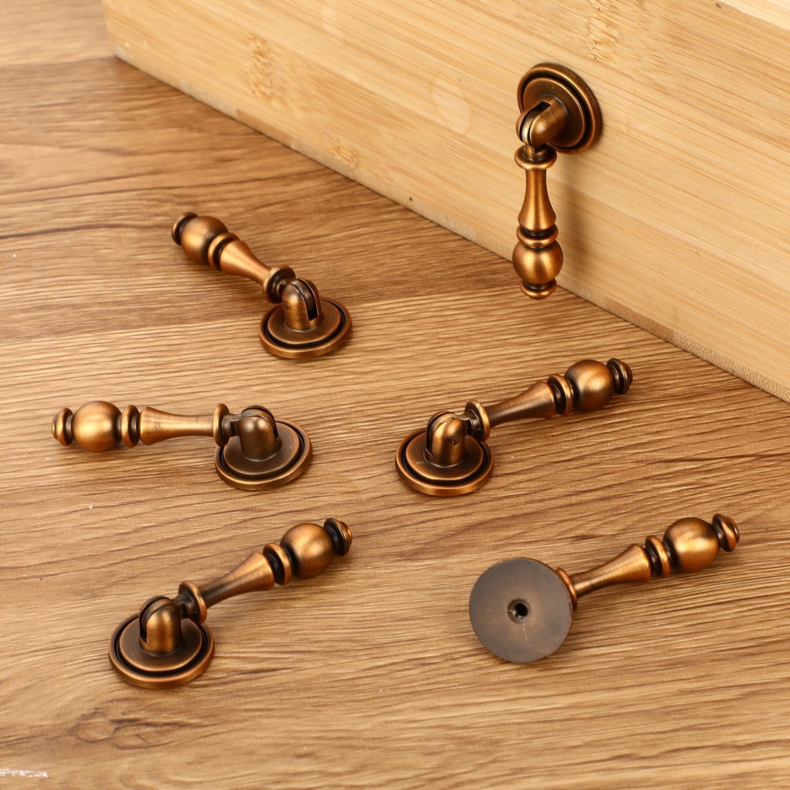 6 Pack Solid Brass Drop Cabinet Pulls 2.5 Inch, Brushed Gold Cabinet Knobs for Dresser and Drawers, Decorative Vintage Brass Cupboard Knob Durable Pendant Knobs for Kitchen Cabinets Wardrobe