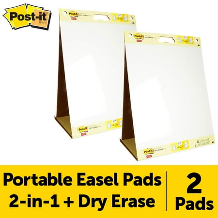 Post-it Super Sticky Portable Tabletop Easel Pad w/Dry Erase Panel 20x23 Inches, 20 Sheets/Pad, 2 Pads, One Side White Self Stick Flip Chart Paper, One Side Dry Erase, Built-in Stand (563DE VAD 2PK)
