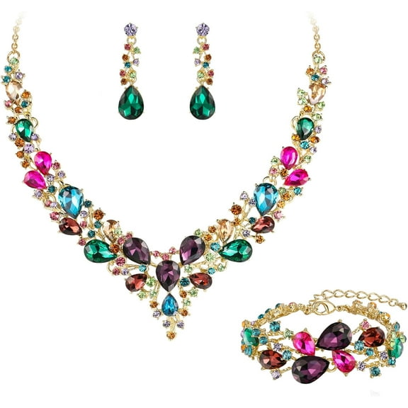 Luxury Wedding Bridal Jewelery for Women Austrian Crystal Teardrop Cluster Statement Necklace Dangle Earrings Link Bracelet Set