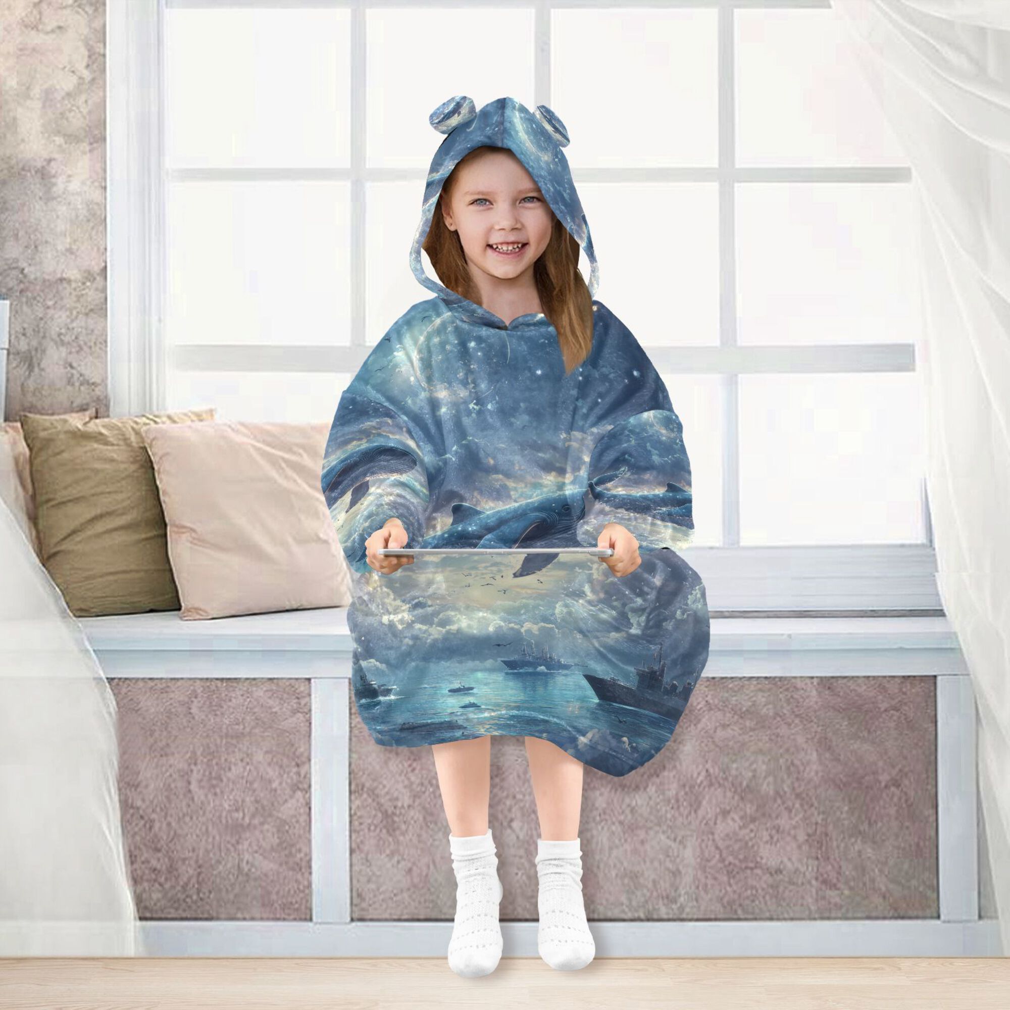FORMRS Wearable Blanket Hoodie with Sleeves for Kids Cozy Flannel Sweatshirt, Night Floating Whale
