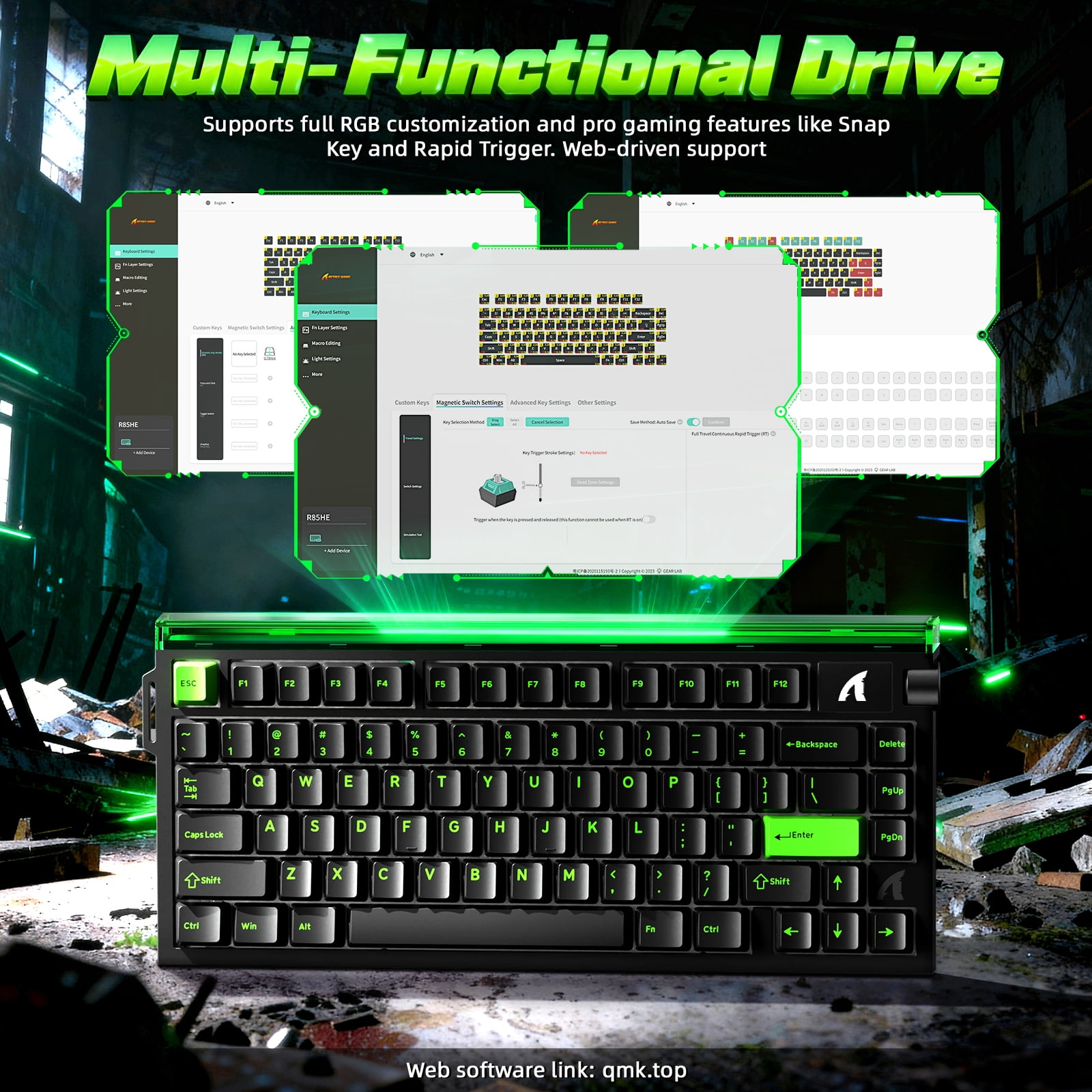 ATTACK SHARK R85 HE 75% Magnetic Wired Gaming Keyboard, 8KHz Polling Rate, Hall Effect Hot Swappable Switches, RGB Light Bar, Volume Knob, PC/Mac Compatible, Green
