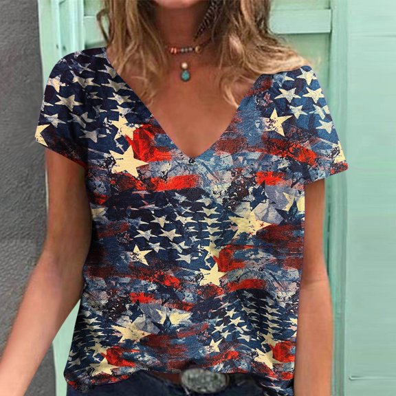 Lilgiuy Women's V-Neck Blouse Short Sleeve Independence Printed Tank Tops Casual Summer Blouse