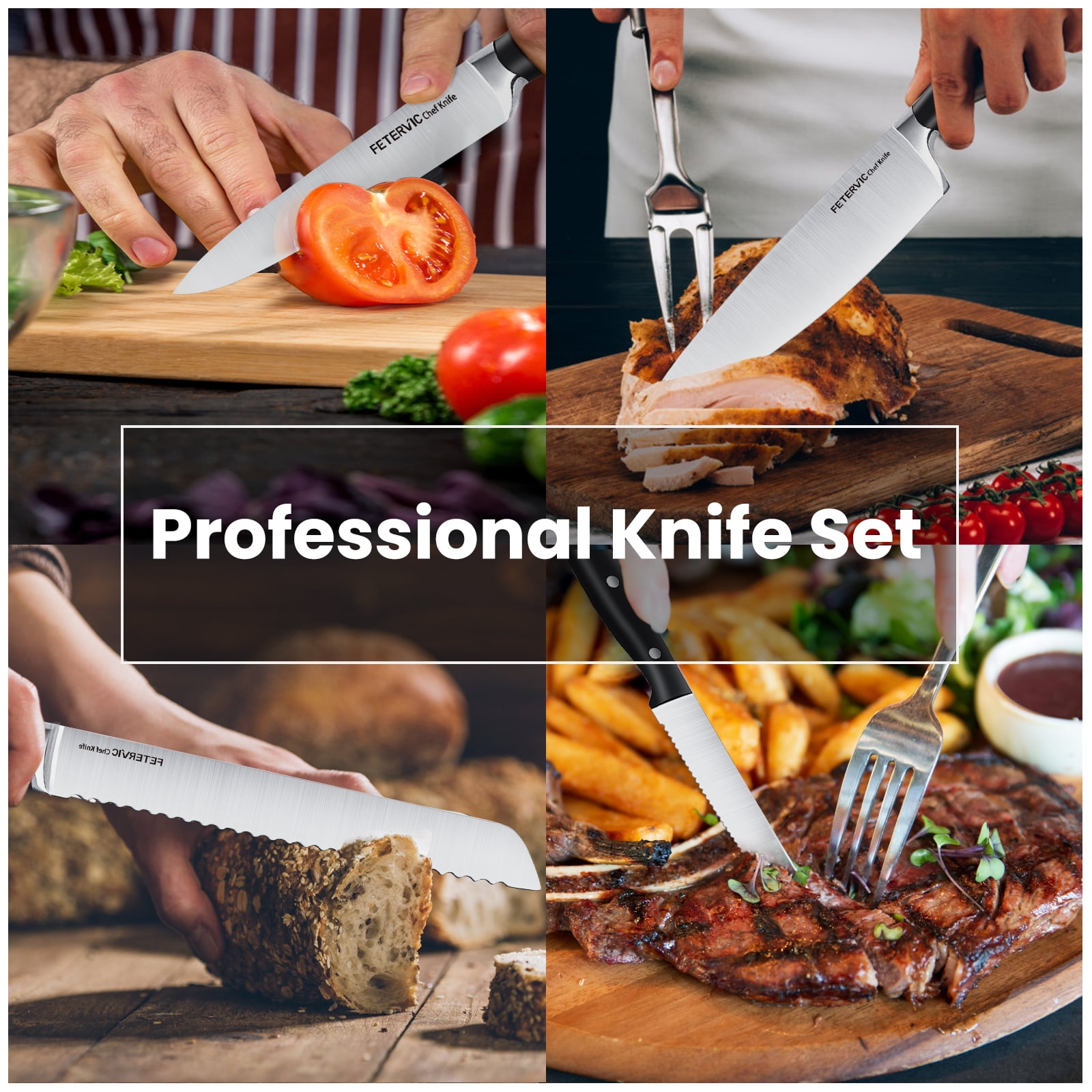 FETERVIC Knife Set with Block, 12-Piece Premium Kitchen Knife Set with Chef  Knife, Sharpener and Serrated Steak Knives, Ultra Sharp German Stainless