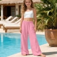thumbnail image 2 of Girls Linen Pants Wide Leg School Uniform Pants Cozy Elastic Waist Summer Casual Beach Loungewear Trousers with Pockets Beige, 2 of 4