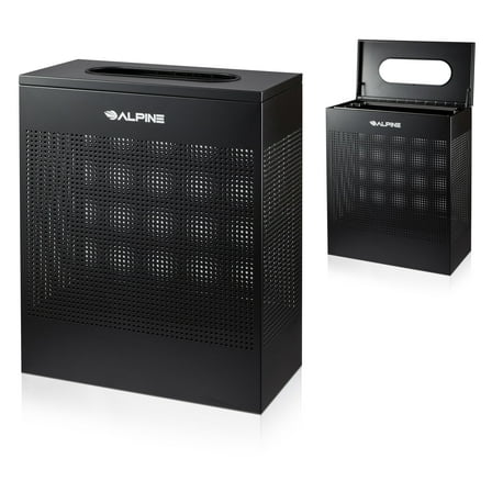 Alpine Black Commercial Trash Can - Large Perforated 23 Gallon Trash Can Open Top, Modern Metal Heavy Duty Garbage Can for Indoor & Outdoor in Office