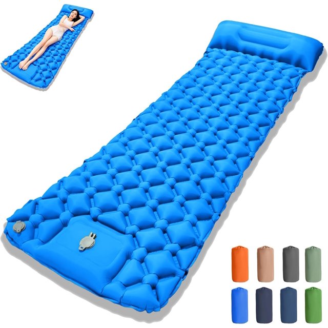 Coziya Matelas, 5cm Ultralight Inflatable Camping Mattress, Inflatable Sleeping Pad with Built-in Pillow, Anti-Slip Design for Backpacking, Hiking, Travel (Blue,Single)