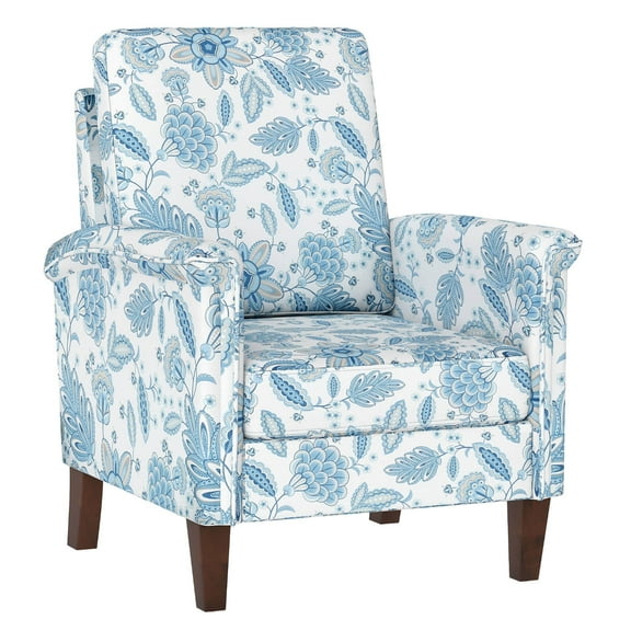 Costway 1 PCS Floral Accent Chair with Solid Wood Legs & High Back Thick Comfy Cushions Blue