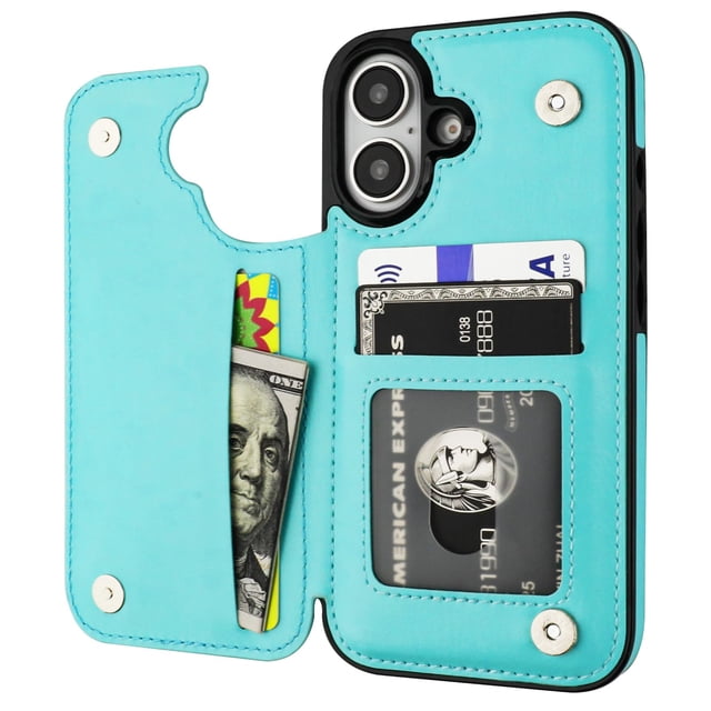 Funda tipo cartera ONETOP compatible con iPhone 16 de 6.1 pulgadas, color azul claro