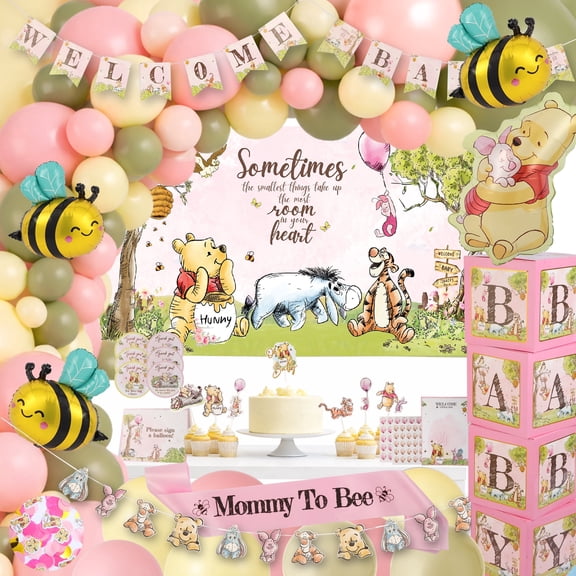 271 Pc Classic Winnie the Pooh Baby Shower Decorations for Girl, Pink Vintage Pooh Bear Balloon Arch Decoration Kit with Backdrop, Banner, Baby Boxes, Sash and Table Decorations