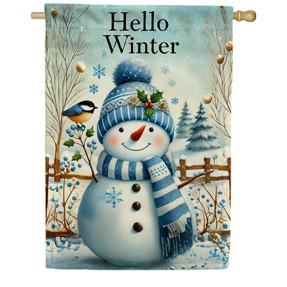 America Forever Hello Winter Snowman Chickadee Double Sided House Flag 28 x 40 inch Bird Holly Berries Outdoor Holiday Seasonal Decorative Yard Banner