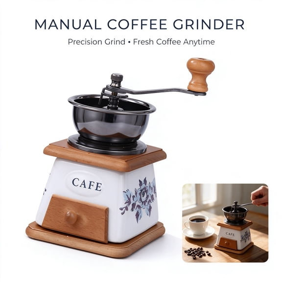 Manual Coffee Bean Grinder with Ceramic Printed Body, Hand Crank Burr Mill for Espresso Pour Over French Press Home Brewing