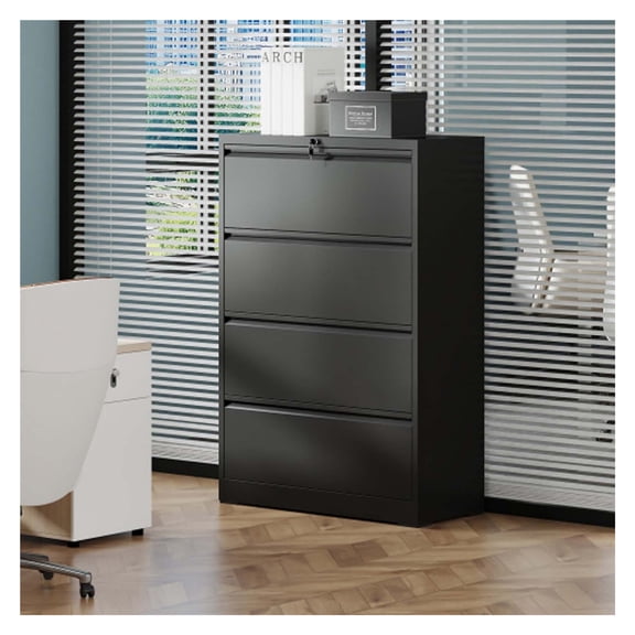 4 Drawer File Cabinet with Lock - Heavy-Duty Metal Drawer Cabinet, Office Lateral File Cabinets for Home Office, Space-Saving Wide Storage for Letter/Legal/A4/F4 (Black)