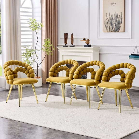 Modern Velvet Dining Chairs (Set of 4), Yellow Puffy Bubble Design, Gold Legs
