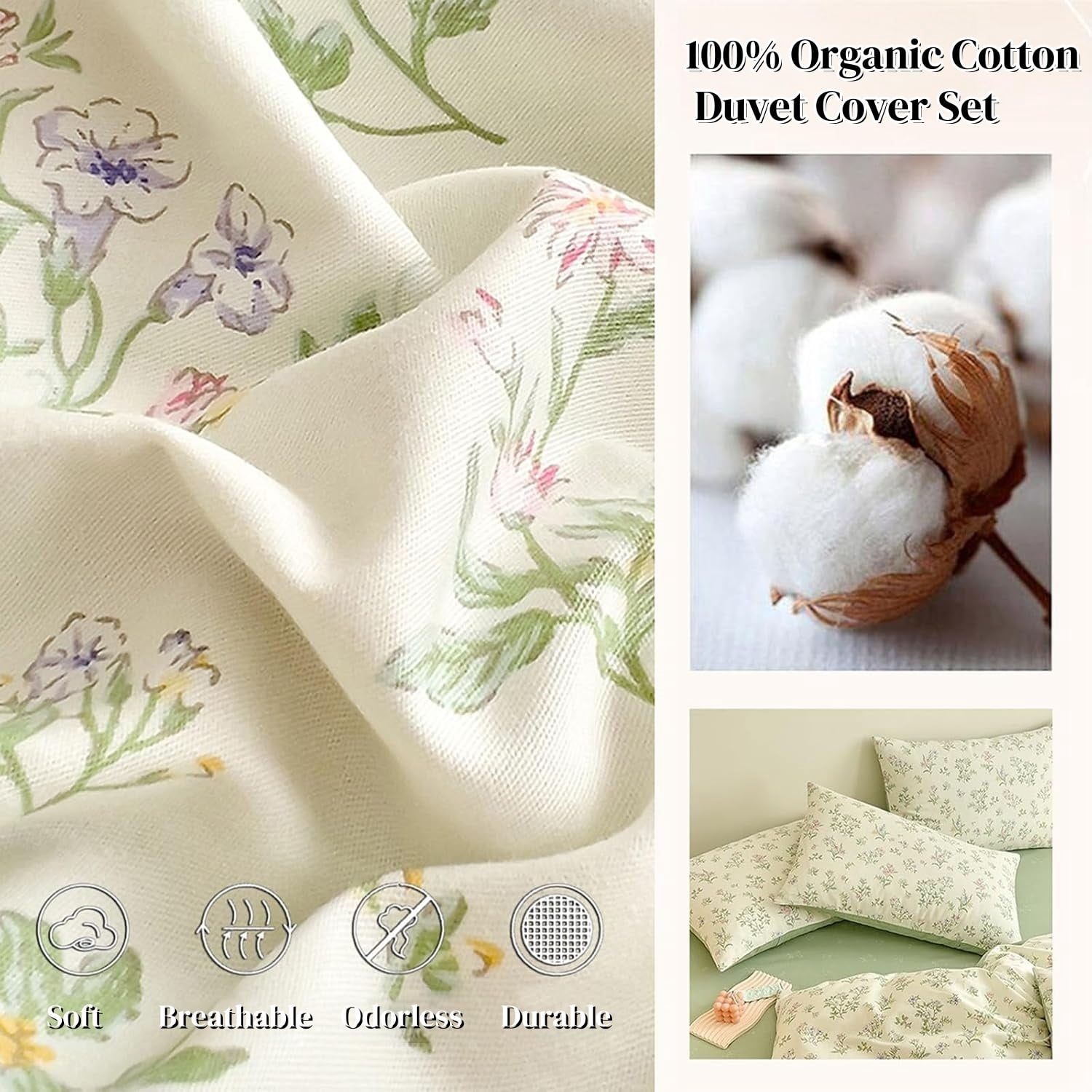 Nayoroom 100% Organic Cotton Duvet Cover Set, 3 Pieces White with Green Leaves Pink Flowers Pattern Reversible Soft Bedding Set King