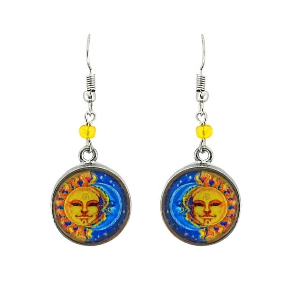 Round New Age Spiritual Sun and Moon Graphic Metal Dangle Earrings - Womens Fashion Handmade Jewelry Boho Accessories