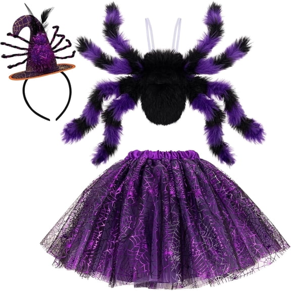 Hifot Spider Costume for Kids, Spider Wings Tutu Skirt Spiderweb Headband Set Spider Fancy Dress Girls Halloween Costumes Cosplay Party