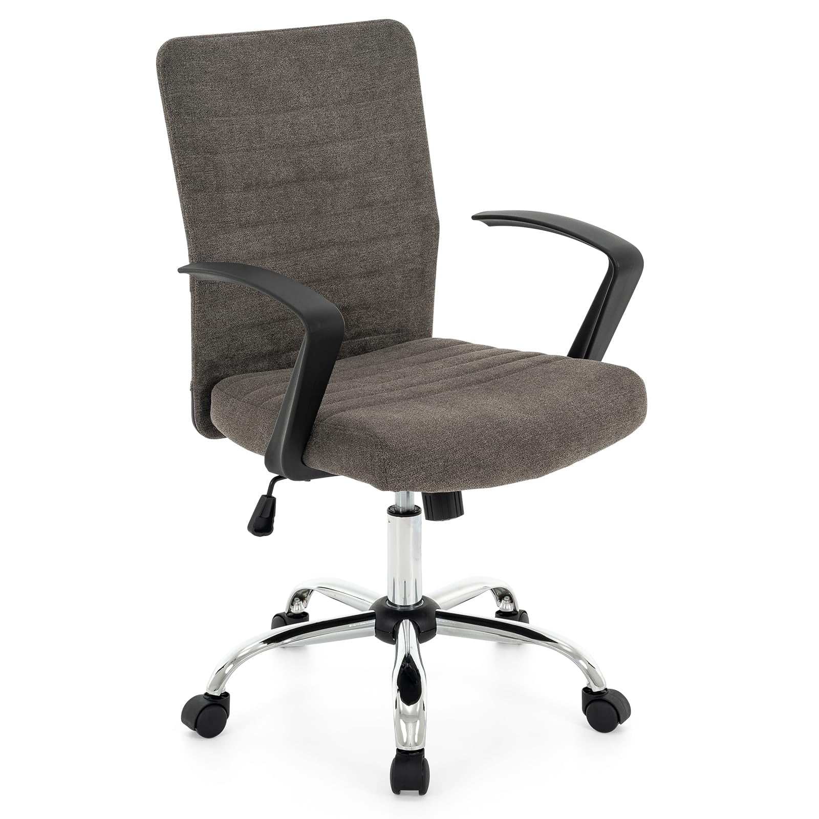 Linen Office Chair with Arms, Upholstered Mid-Back Desk Chair with Adjustable Height and Back Angle, 360° Swivel with Wheels for Home Office or Study (Dark Grey)