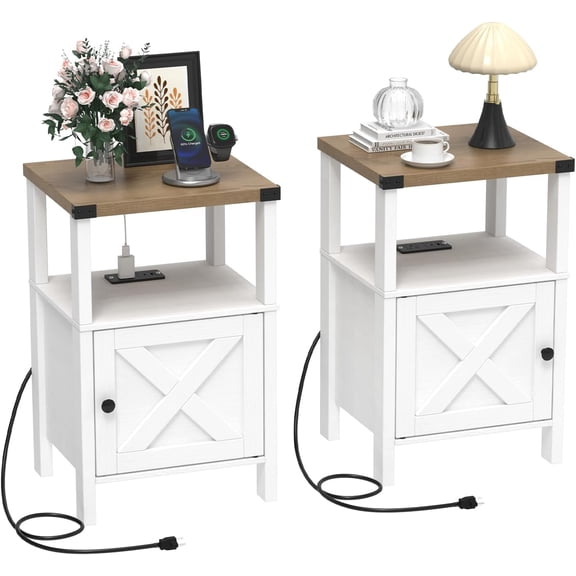 Farmhouse Nightstands with Charging Station Set of 2, White | Rustic Vintage Side End Table with Storage, Wood Bedside Table with Barn Door for Bedroom Living Room