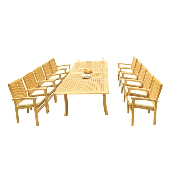 Grade-A Teak Dining Set: 10 Seater 11 Pc: 118" Rectangle Table And 10 Wave Stacking Arm Chairs Outdoor Patio WholesaleTeak #51WV2411