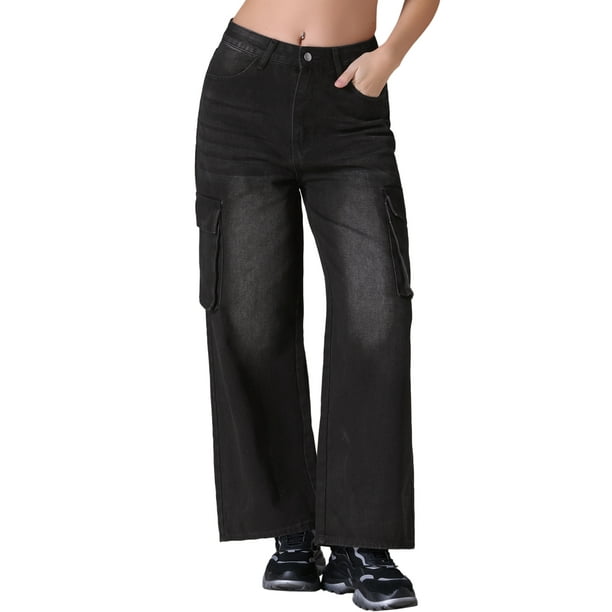 Pantalones de mezclilla anchos de mujer de carga de cintura alta casuales con bolsillos S negros