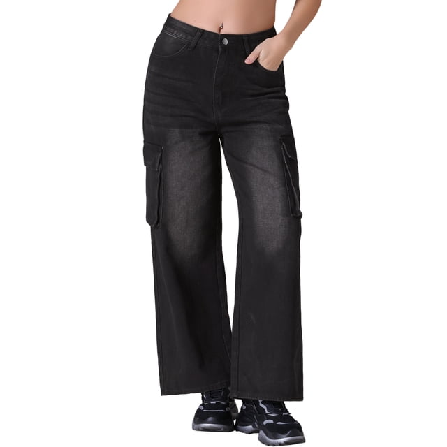 Pantalones de mezclilla anchos de mujer Inspire Chic, de tiro alto, estilo cargo, casuales, con bolsillos, color negro M