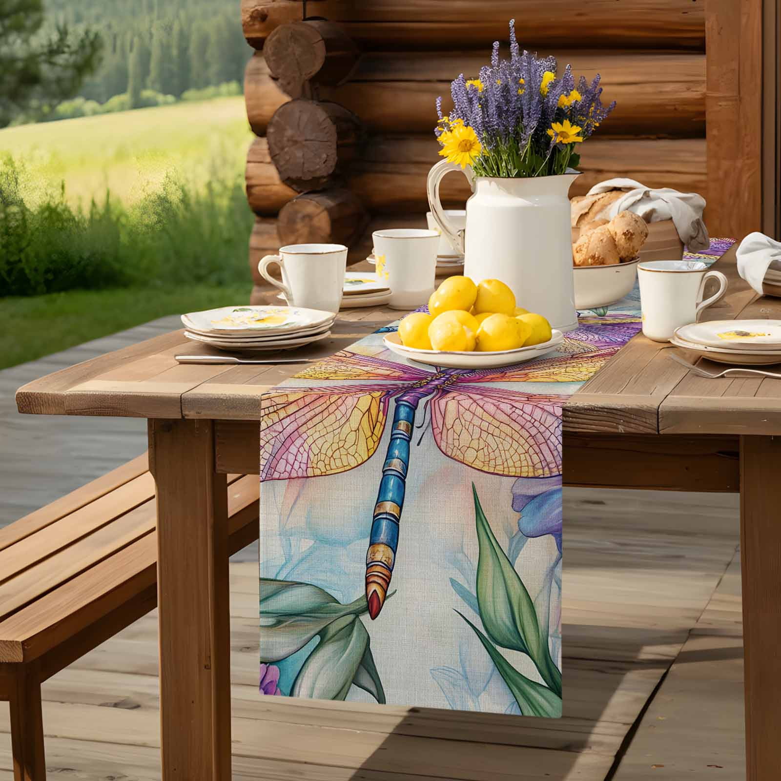 Colorful Rustic Pastoral Dragonfly Table Runner 90 Inches Long, Summer Watercolor Flower Table Runners Tabletop Scarf Kitchen Dining Tables Decoration for Home Party Indoor Outdoor