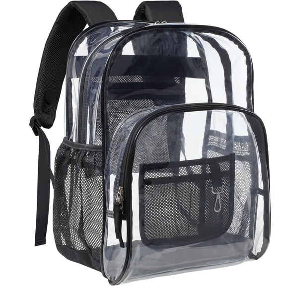 PACKISM - Mochila transparente grande de 17 pulgadas para la escuela, bolsa de libros transparente resistente para estudiantes (para los 12 años de edad), 1-2, negro 17, X-large, Transparente