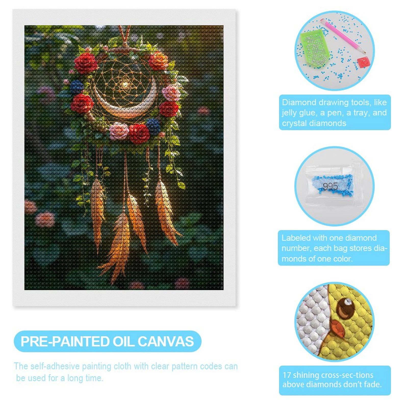 Diamond Art Kits for Adults, Dreamcatcher Crescent Roses Feathers 5D Diamond Painting Kits for Adults Beginners, DIY Full Drill Diamond Painting, Gem Art and Crafts 12x16