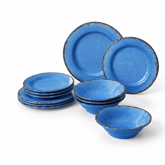 Blue 12 Piece Dinnerware Set For 4, Farmhouse Rustic Indoor Outdoor Tableware