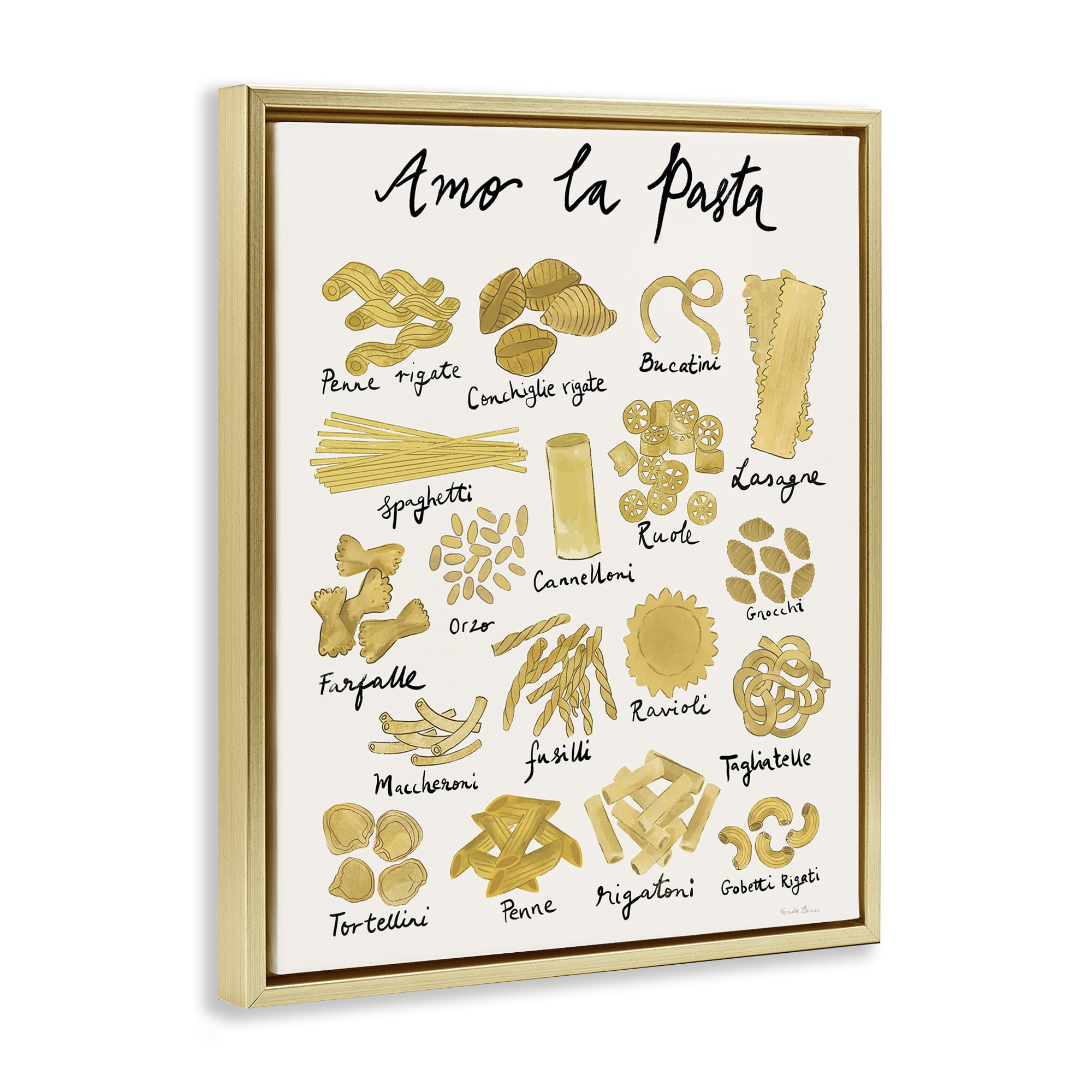 Stupell Industries Amor La Pasta Chart Food & Beverage Painting Gold Floater Framed Art Print Wall Art, 25 x 31