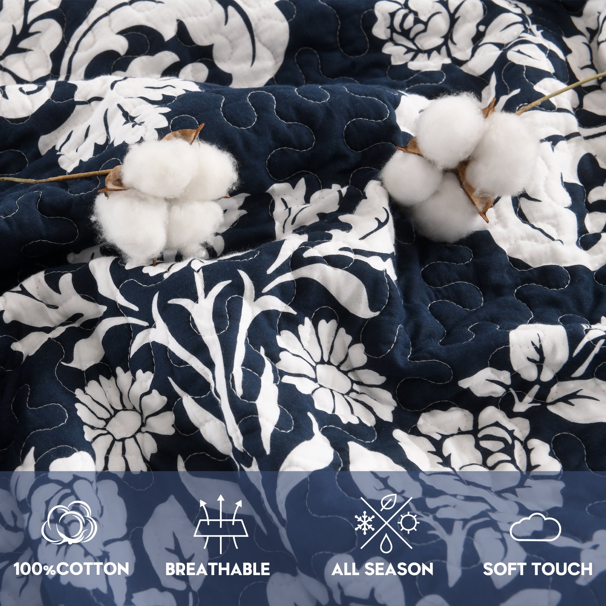 Quilt Set Queen Size 3 Pieces, 100% Cotton Navy Blue Lightweight Quilted Bedspread, Reversible Damask Floral Bedding Set for All Season