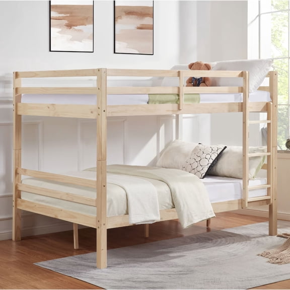 TopComfy Full Over Full Bunk Bed with Thick Posts, Wooden Frame, High Guardrail, Ladder, No Box Spring Needed, Space-Saving, Natural