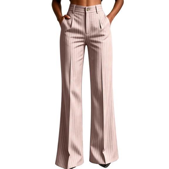 cocolona Womens Business Casual High Waist Dress Pants Elastic Waist Straight Wide Leg Commute Striped Pants with Pockets