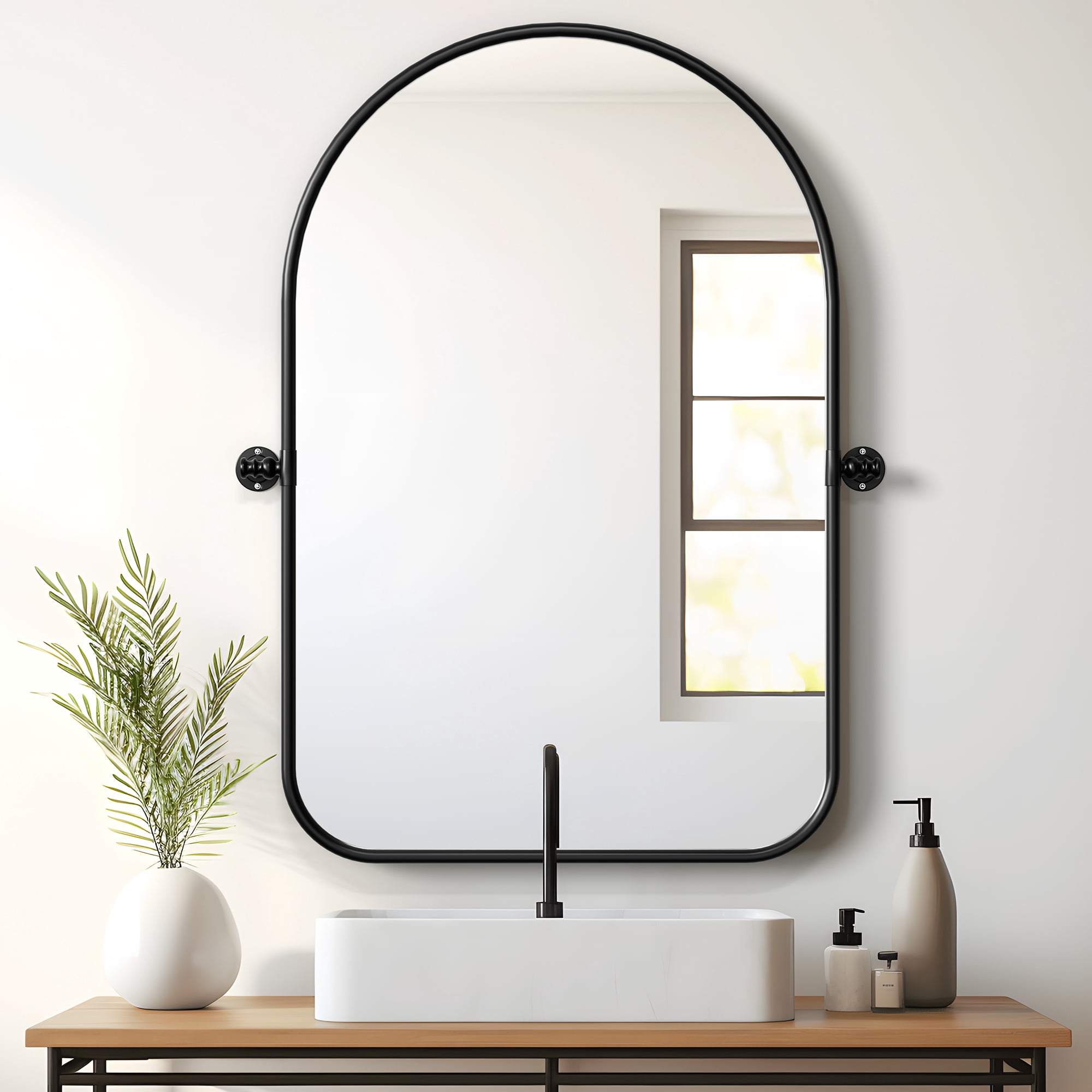 MAYEERTY 36"×24" Black Iron Arched Wall Mirror Rounded Corners, Rotating Hardware for Bathrooms