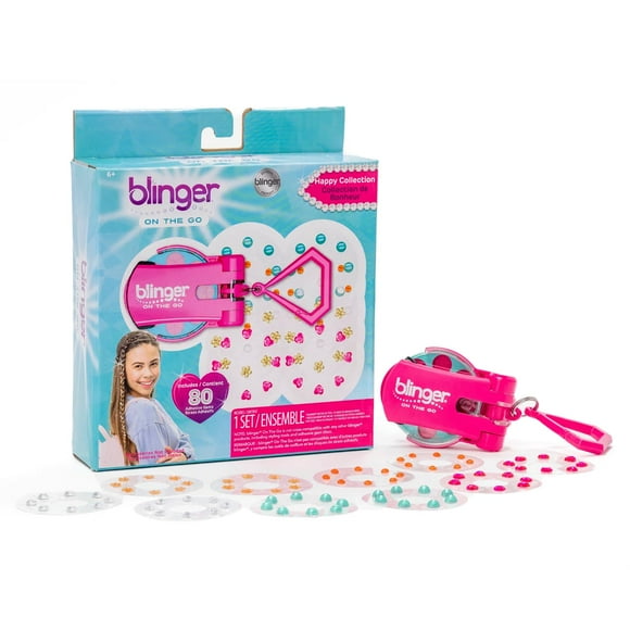 Blinger On The Go Mini Starter Kit - Happy (Pink) | 80 Rhinestones | Hair Styling Tool | Hair-Safe - Bling In Brush Out