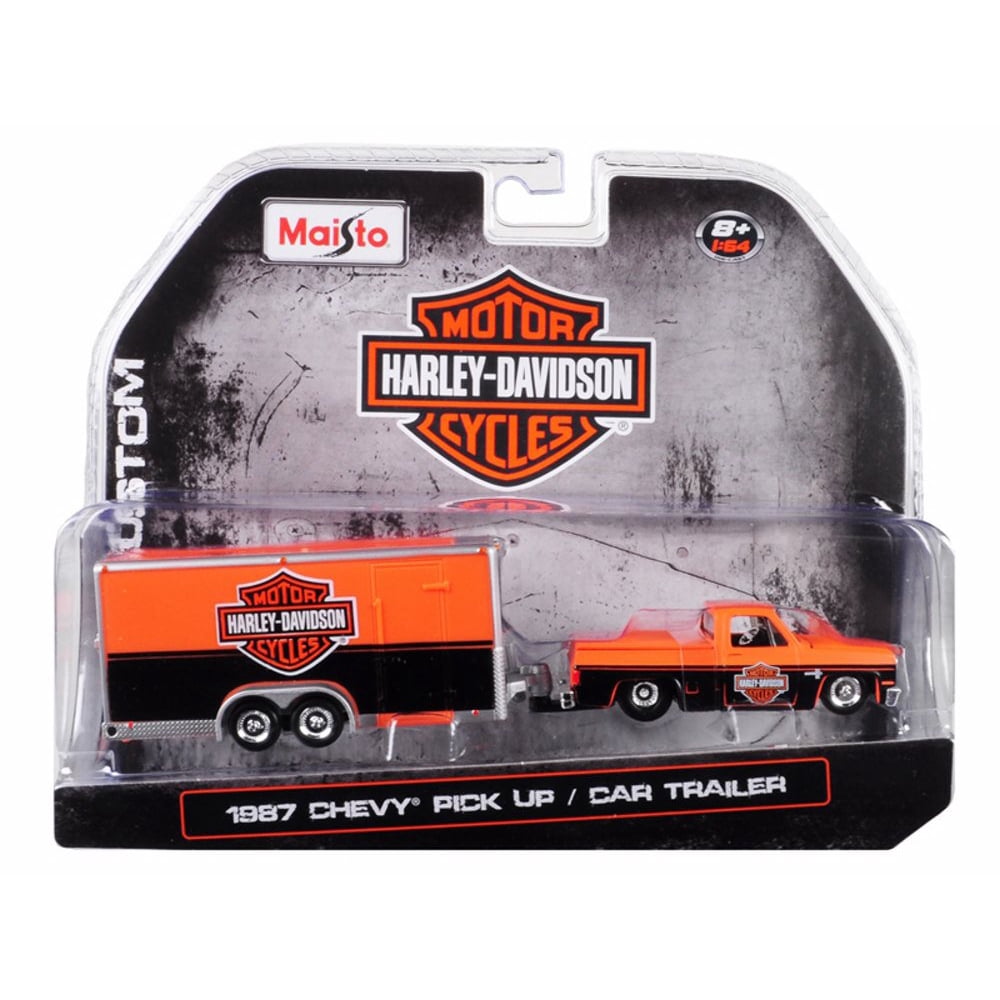 1987 Chevy Pickup Truck with Enclosed Car Trailer, Harley Davidson - Maisto 15363-HD1 - 1/64
