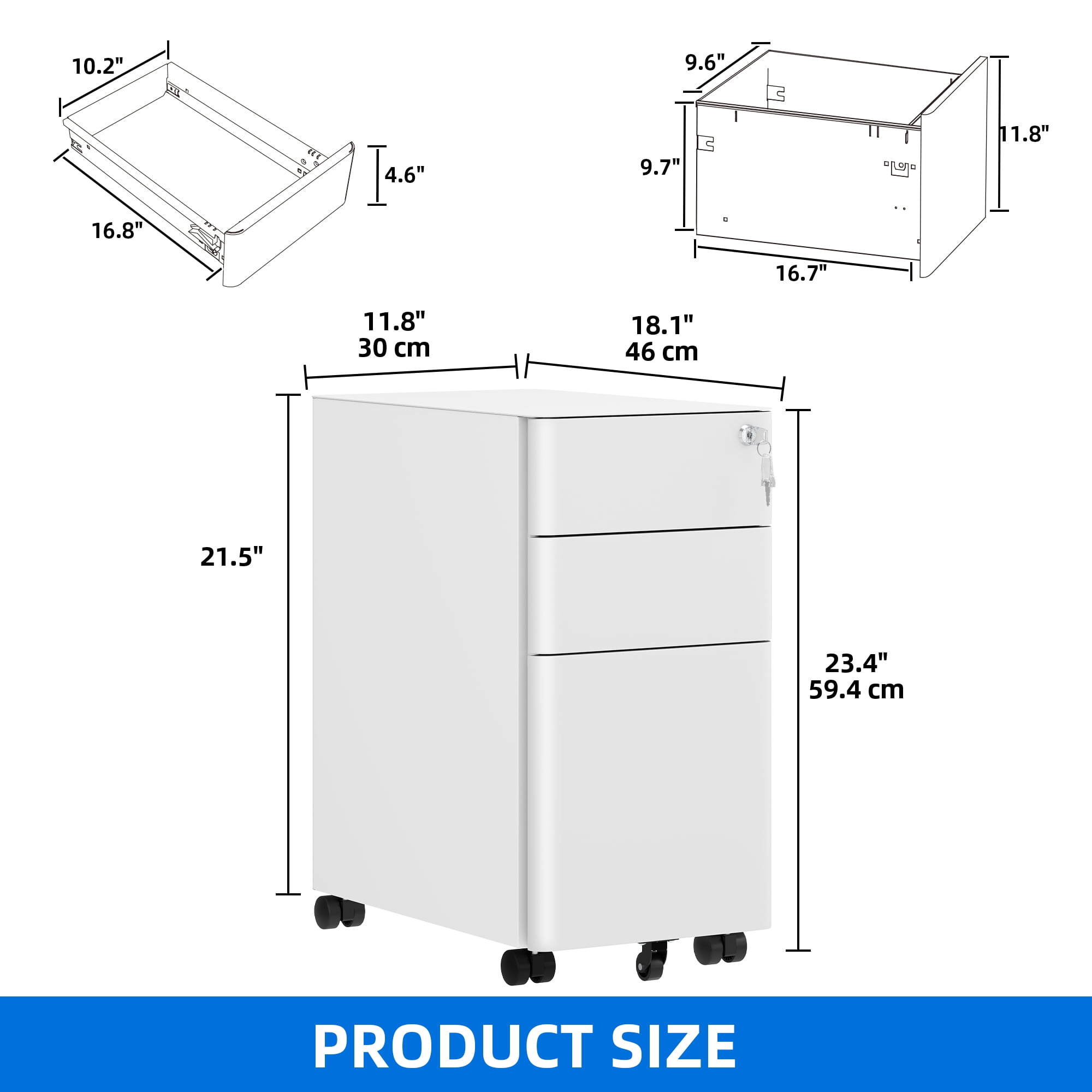 Dextrus 3-Drawer Lockable File Cabinet for A4/Letter/Legal Size Folder, Home Office, Assembled Except Casters (White)