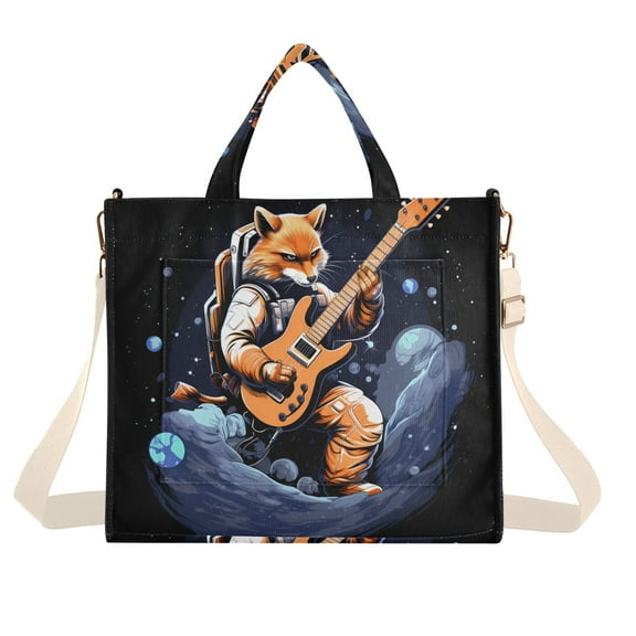 Fox Astronaut and Guita Corduroy Tote Bag Handbag Large Messenger Bag Shoulder Crossbody Zipper Bag Purse