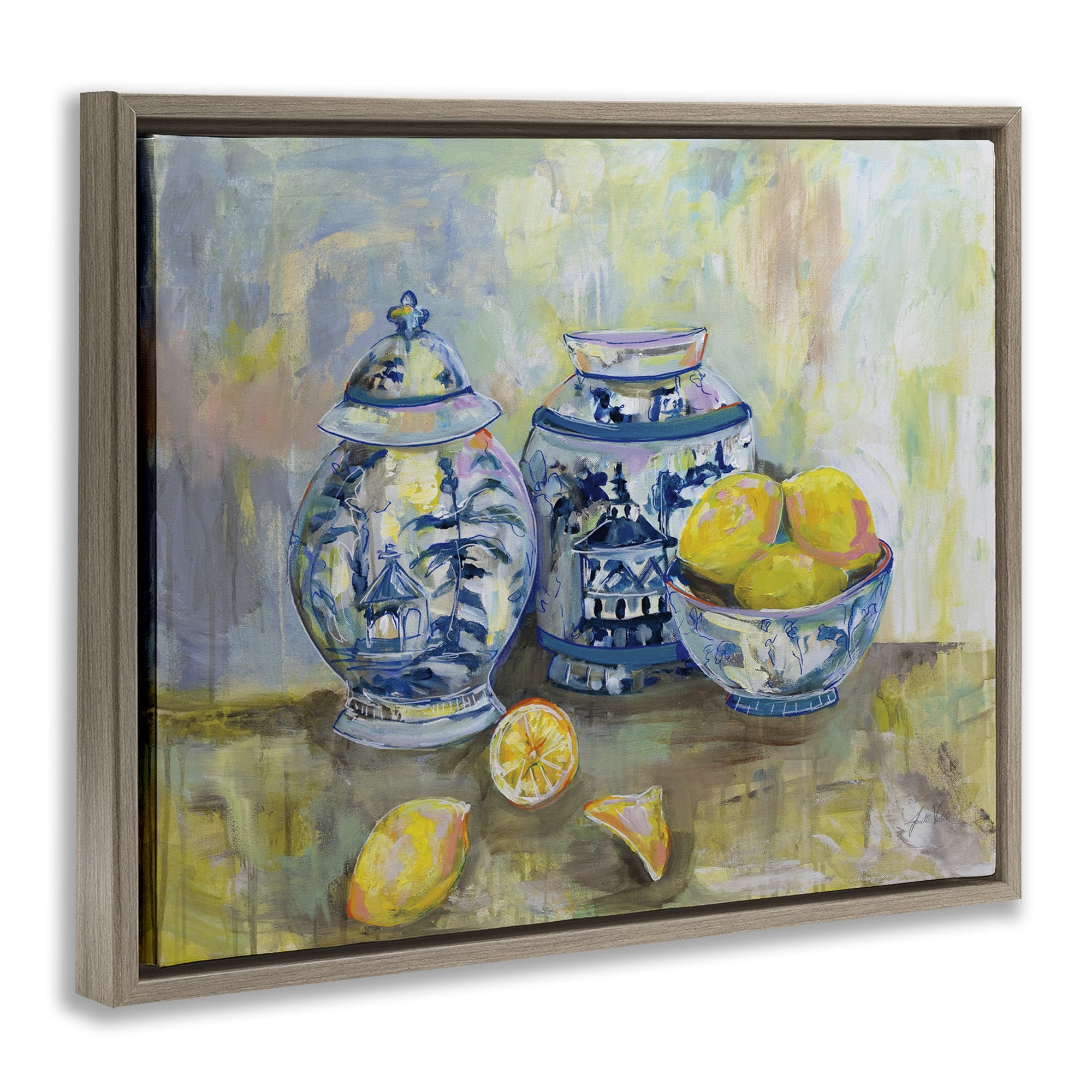 Stupell Industries Lemons & Pottery Classical Painting Food & Beverage Painting Brown Floater Framed Canvas Art Print Wall Art, 31 x 25