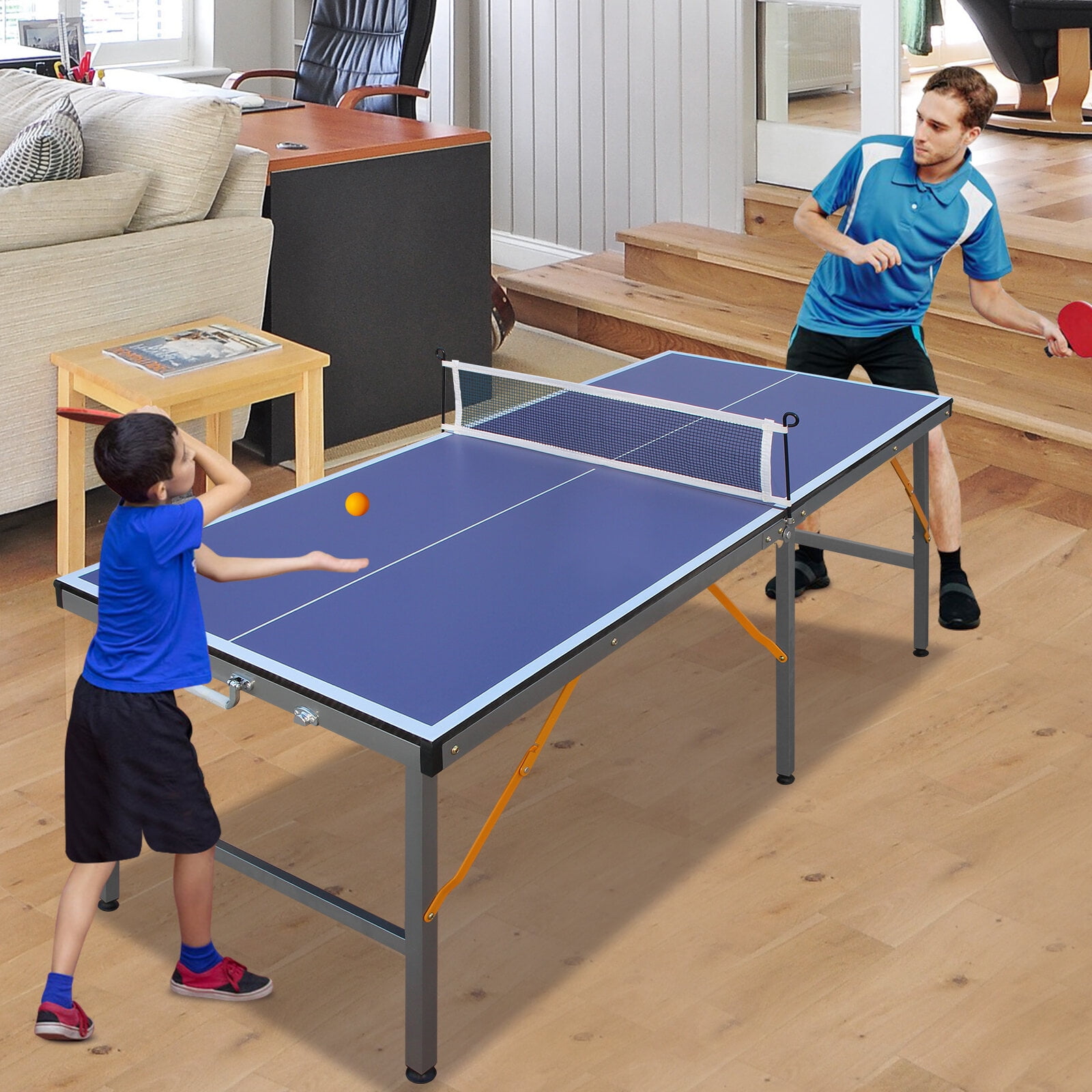 Table Tennis Table 5ft Mid-Size Table Tennis Table Foldable & Portable Ping Pong Table Set for Indoor Games with Net, 2 Table Tennis Paddles and 3 Balls,Ping Pong Table