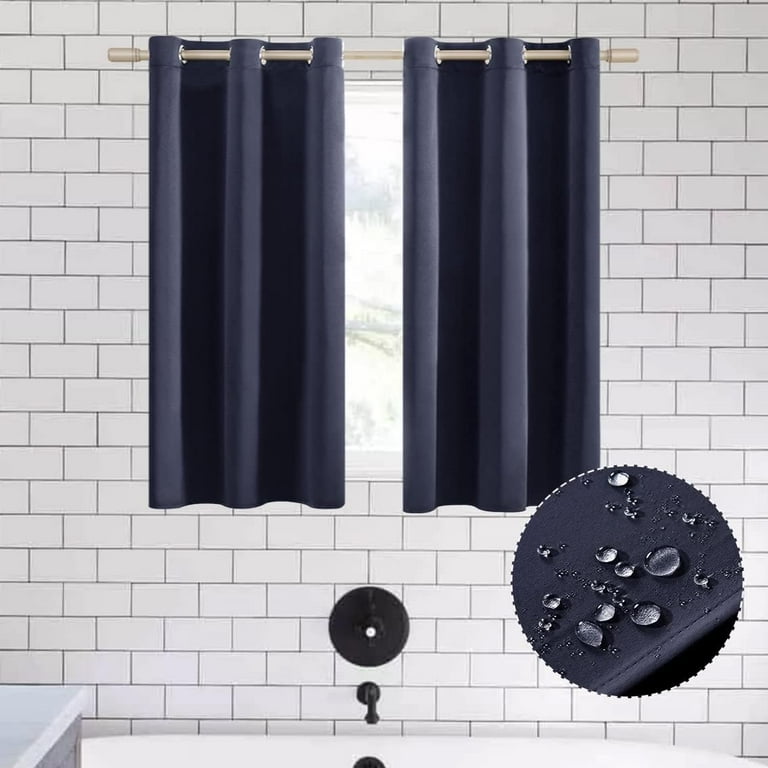 Waterproof Bathroom Window Curtains, Dark Navy Blue Blackout Grommet Panels, Light and Heat Blocking Privacy Shades, 36 x 48 Inch